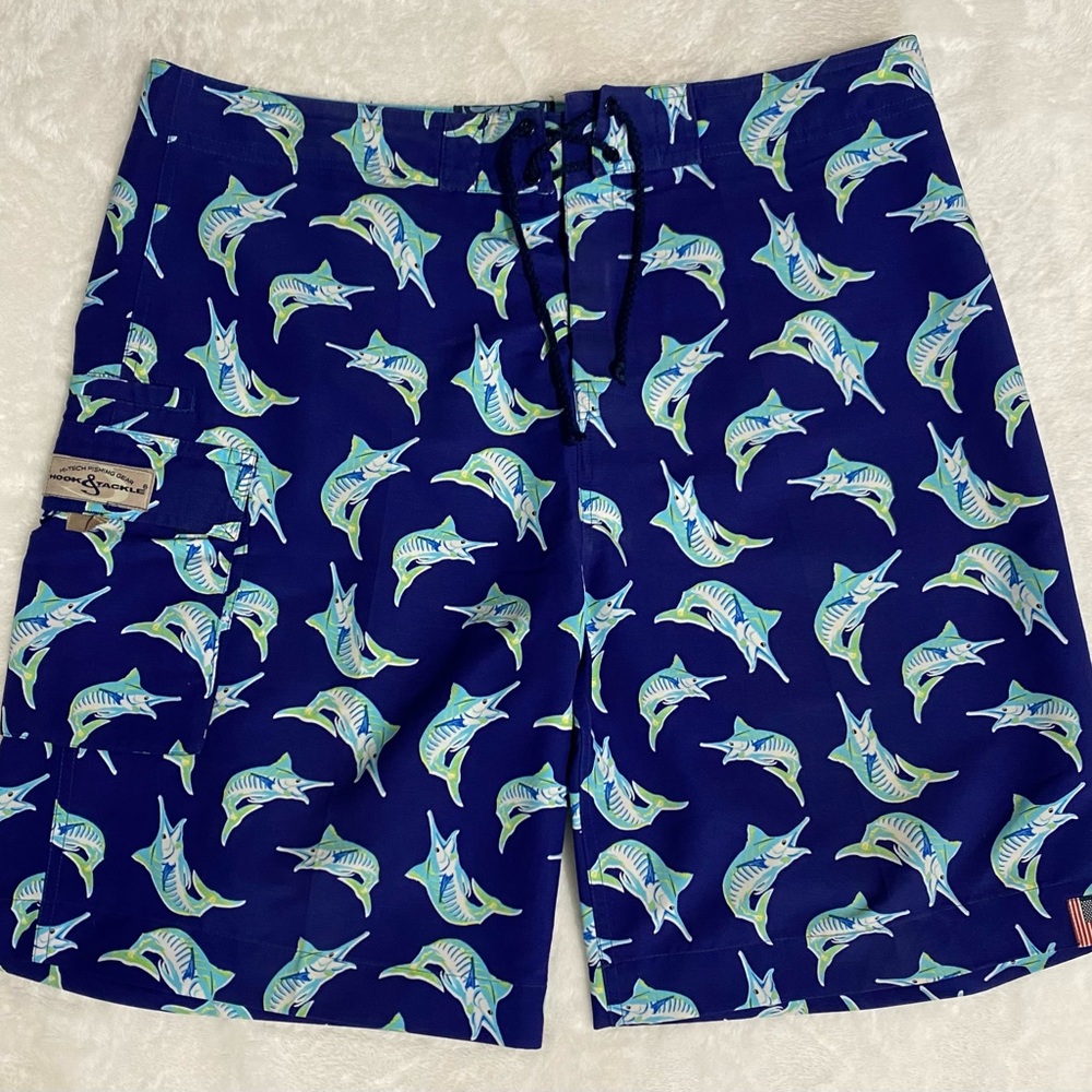 Fish & Tackle Vibrant Blue Marlin Print Swim Shorts